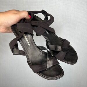 Donald J Pliner VTG Black Leather Elastic Ankle‎ Tie Heel Y2K Sandals Size 7.5M